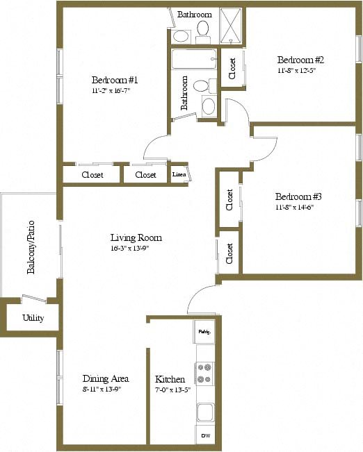 3 Bedrooms 2 Bath Floor Plan 3
